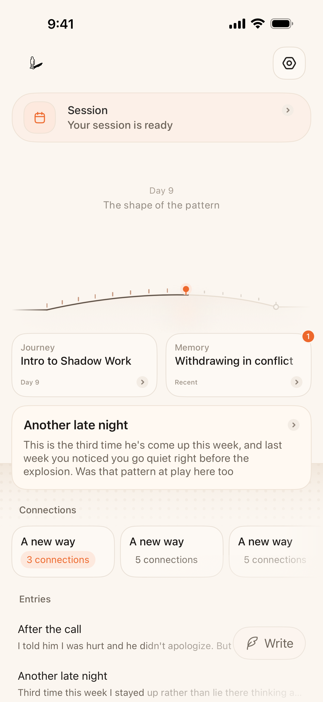 Shado's dashboard, with the journal, the memory room, the Guide and the current Journey in one view.