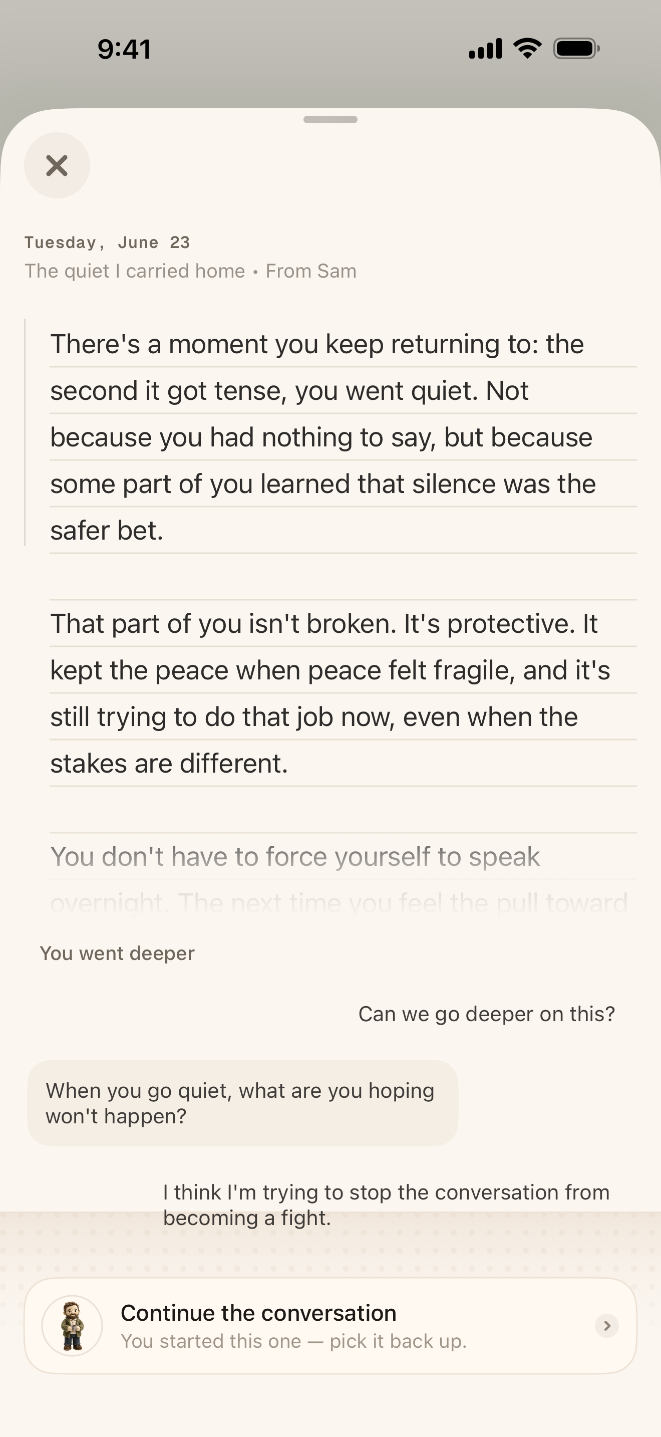 A Shado reflection returned as a letter, attributed to the Guide, with the conversation continuing below it.