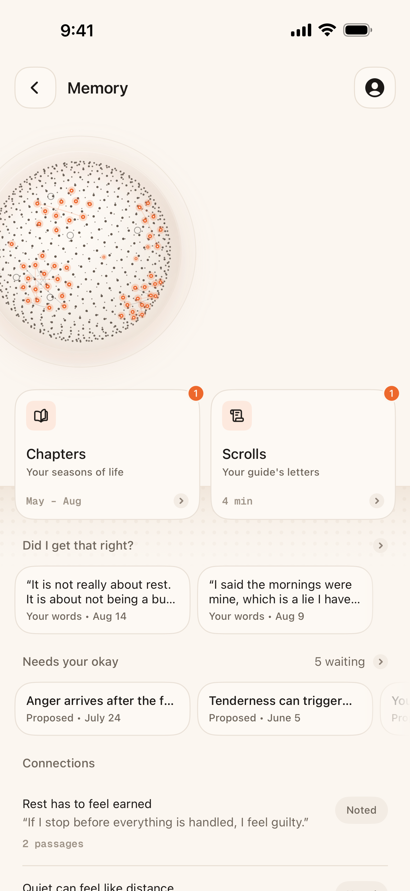 Shado's memory room: chapters, scrolls, corrections waiting for approval, and the connections between them.